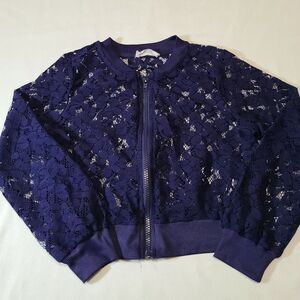 Beautees Girls Lace Bomber Jacket Size 7 Blue Floral Zip Lightweight